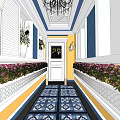 Elevator Hallway With Yellow Walls Blue Patterned Tiles Potted Flowers White Trim And Chandelier