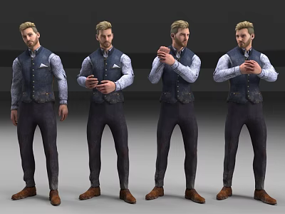 Man in Blue Vest White Shirt Dark Pants and Brown Shoes with Various Poses 3d model