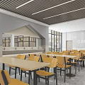 Spacious Modern Cafeteria Interior With Yellow Chairs White Pillars And Open Layout 3d model
