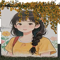 Feature Wall with Cartoon Girl Mural Yellow Top Braided Hair Vines Flower Decoration Green Grass