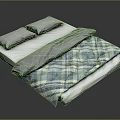 Modern Minimalist Double Bed With Two Gray Pillows Gray Blanket And Blue White Plaid Quilt