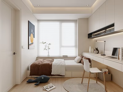 Modern Tatami Bedroom Interior With Tatami Bed Desk Chair Window Blinds And Wall Painting 3d model
