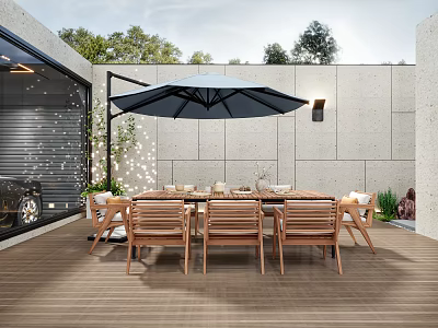 Modern Villa Balcony Outdoor Dining Area With Wooden Table Chairs Black Umbrella And Green Plants 3d model