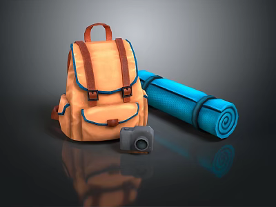 Essential Daily Life Items Including Orange Backpack Blue Roll Mat And Camera 3d model