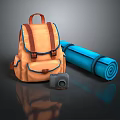 Essential Daily Life Items Including Orange Backpack Blue Roll Mat And Camera 3d model