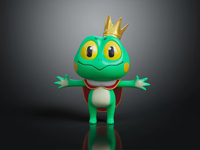 Green Frog Doll With Golden Crown Yellow Eyes Yellow Spots Red Cape And Open Arms 3d model