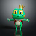Green Frog Doll With Golden Crown Yellow Eyes Yellow Spots Red Cape And Open Arms