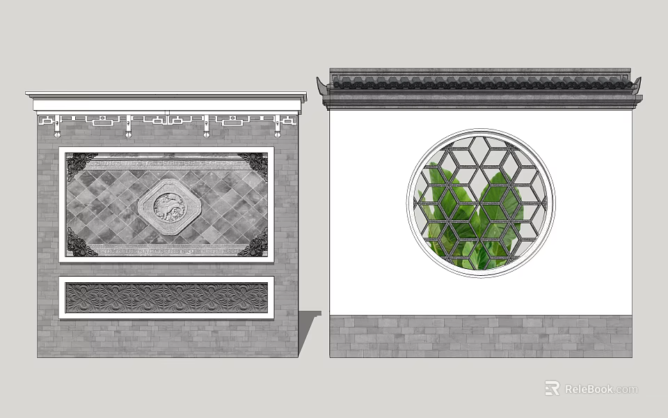 Traditional Chinese Garden Wall With Geometric Patterns And Circular Window Featuring Green Plants 3d model 