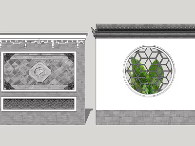 Traditional Chinese Garden Wall With Geometric Patterns And Circular Window Featuring Green Plants 3d model
