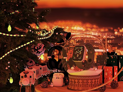 Festive Holiday Art Installation With Christmas Tree Lights Snow Globe Clock And City Night View 3d model