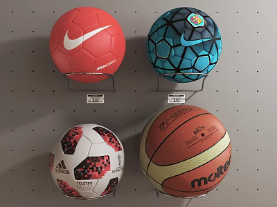 Nike Adidas Molten Sports Equipment Display With Soccer Balls And Basketball 3d model