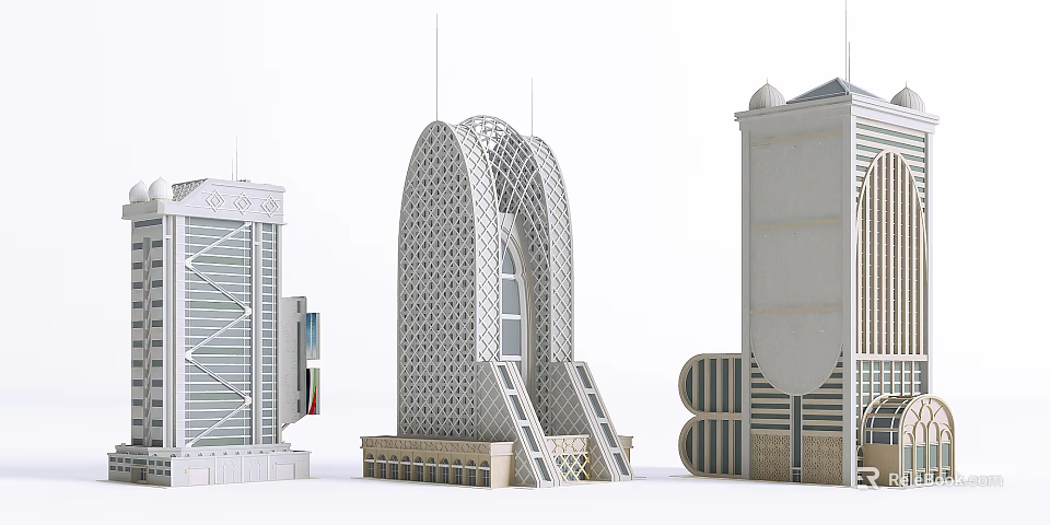 Modern Office Buildings with Arched Lattice Structures and Unique Exterior Designs 3d model 
