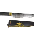 Handcrafted Weapon Sword with Patterned Blade Black Gold Handle Black Sheath Golden Mountain Sun Design