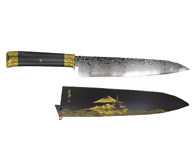 Handcrafted Weapon Sword with Patterned Blade Black Gold Handle Black Sheath Golden Mountain Sun Design 3d model