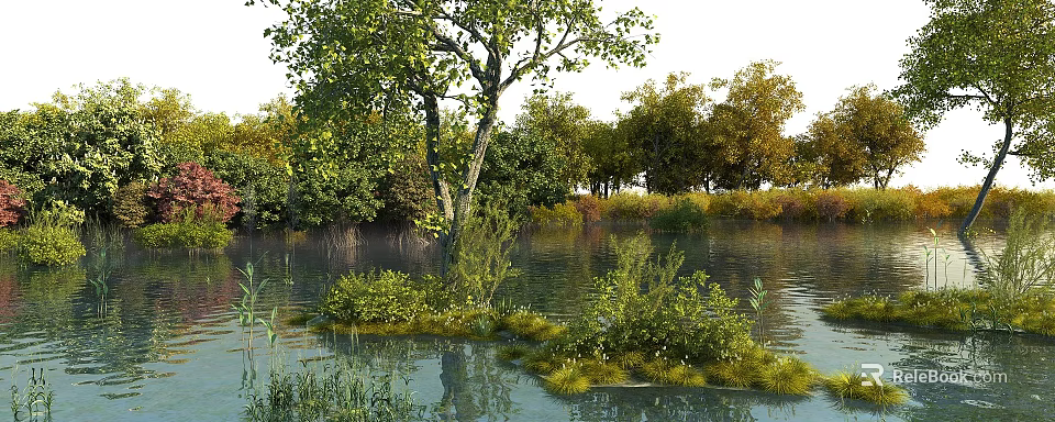Garden Landscape With Water Area Green Trees Bushes And Natural Reflections 3d model 