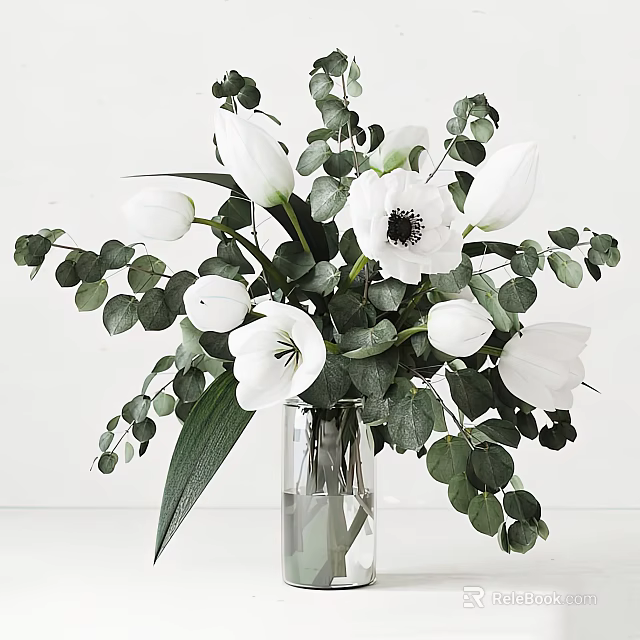 White Flowers Arrangement In Clear Glass Vase With Green Eucalyptus Leaves 3d model 