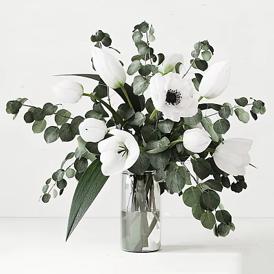 White Flowers Arrangement In Clear Glass Vase With Green Eucalyptus Leaves 3d model