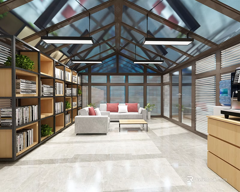 Modern Leisure Area With Glass Roof Bookshelves And Comfortable Sofa 3d model 