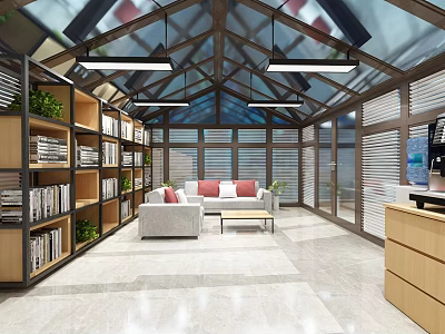 Modern Leisure Area With Glass Roof Bookshelves And Comfortable Sofa 3d model