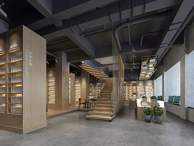 Book Art Gallery Interior Design With Wooden Bookshelves Staircase And Natural Light 3d model