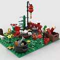 Building Blocks Diorama Featuring Green Base Red Lantern Cactus Flowers Barrel Pot Chair And Table