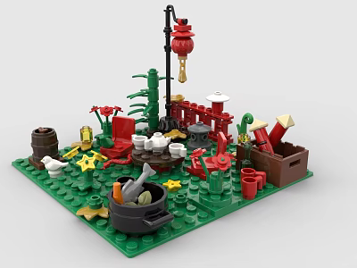 Building Blocks Diorama Featuring Green Base Red Lantern Cactus Flowers Barrel Pot Chair And Table 3d model