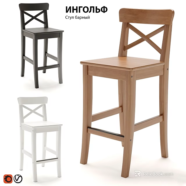 Stylish Wooden Bar Stools In Black White With X Back Design 3d model 