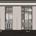 Modern Closet Interior Design With Glass Doors Hanging Clothes And Shelf Storage