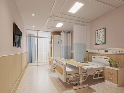 Hospital Room Interior With Beds TV Curtains Medical Equipment And Cabinet 3d model