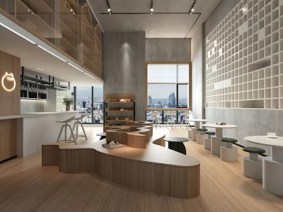 Modern Milk Tea Shop Open Space Interior With Wooden Counter Floor To Ceiling Windows And City View 3d model