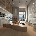 Modern Milk Tea Shop Open Space Interior With Wooden Counter Floor To Ceiling Windows And City View