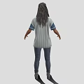 A Woman Standing in Striped Shirt Blue Jeans and Boots on Neutral Background
