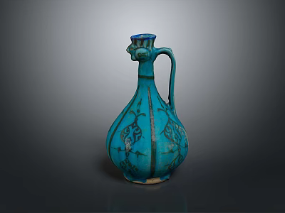 Turquoise Ceramic Vase With Dragon Head Handle And Intricate Carved Patterns 3d model