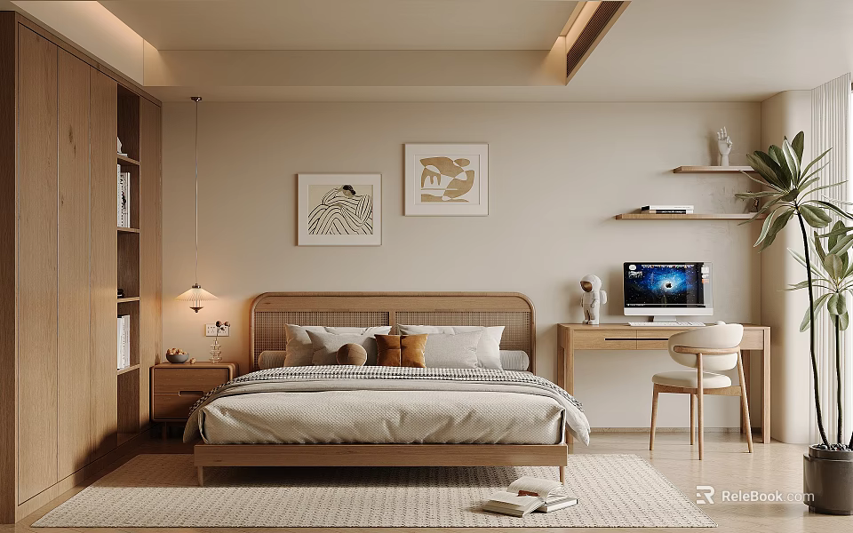 Cozy Modern Bedroom with Wooden Bed Decorative Paintings Desk Bookshelf and Neutral Tones 3d model 