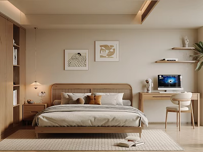 Cozy Modern Bedroom with Wooden Bed Decorative Paintings Desk Bookshelf and Neutral Tones 3d model