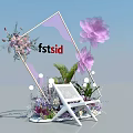 Floral Installation with Geometric Frame Purple Flowers White Bench and Green Plants Lighting Decor
