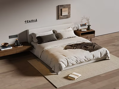 Modern Double Bed Room with Wooden Nightstands and Neutral Bedding 3d model