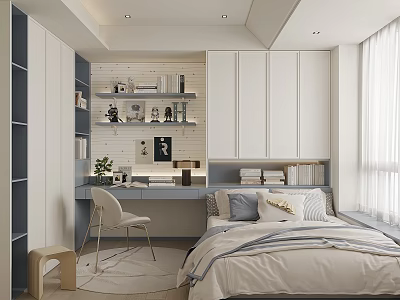 Modern Tatami Bedroom Interior With Desk Chair Bookshelf And Storage Cabinets 3d model