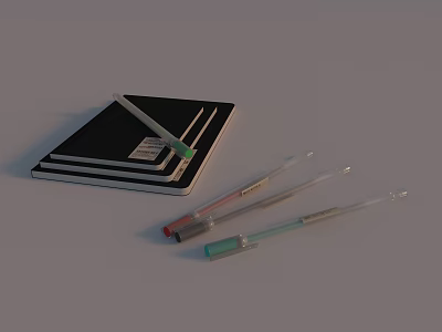 Stacked Black Notebooks With Assorted Colored Pens Lying On Gray Surface 3d model