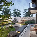 Traditional Chinese Garden Landscape With Wooden Gate White Wall Stone Rockery Green Plants Stone Path And Illuminated Lanterns