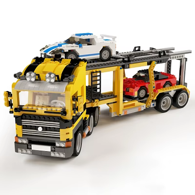 Building Blocks Yellow Truck Model Transporting White Blue Striped And Red Cars 3d model Building Blocks Yellow Truck Model Transporting White Blue Striped And Red Cars 3d model