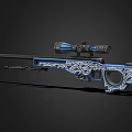 Blue Rifle With Ornate White Patterns And High Precision Mounted Scope