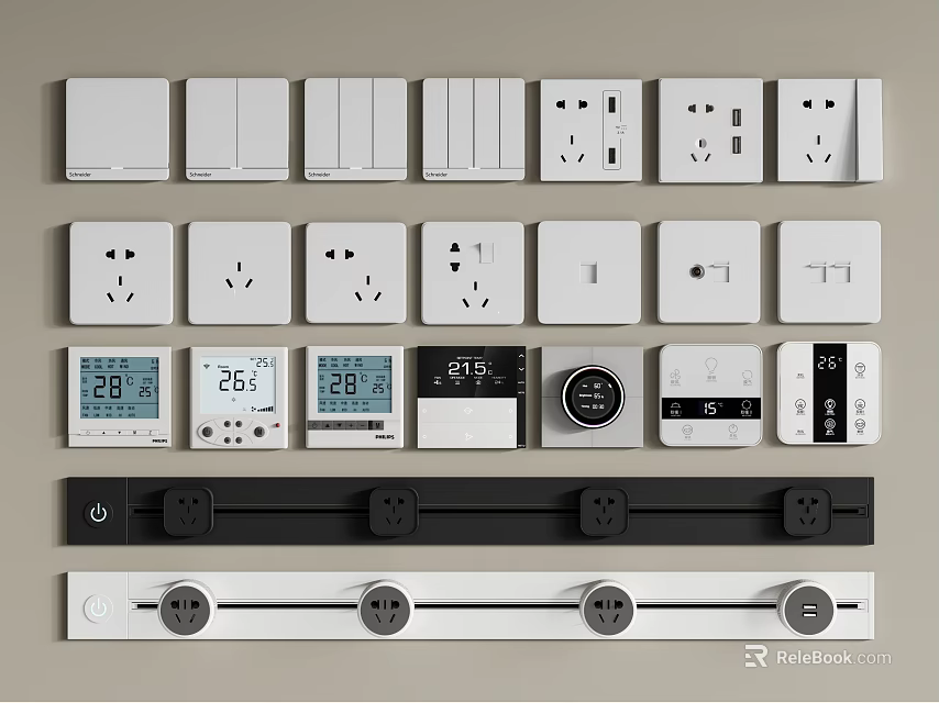 Modern Switch Panels With Various Socket Types Digital Displays And Controls 3d model 