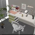 White Desk Interior With Pink Organizer Green Plants Wall Art And White Chair