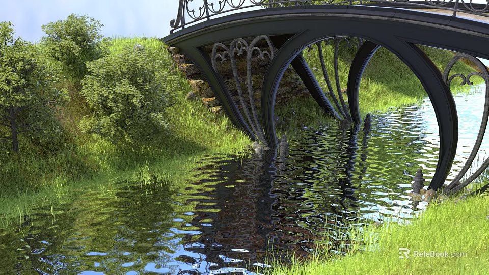 Beautiful Scenery with Arched Black Iron Bridge Over Water and Green Grass Reflections 3d model 