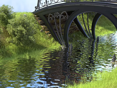 Beautiful Scenery with Arched Black Iron Bridge Over Water and Green Grass Reflections 3d model