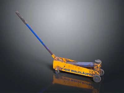Yellow Hydraulic Jack With Blue Handle Wheels And PONE WALDHAUER Label 3d model