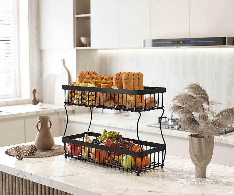 Two Tier Metal Kitchen Rack For Bread And Fruits On Countertop With White Cabinets 3d model 