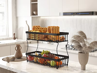 Two Tier Metal Kitchen Rack For Bread And Fruits On Countertop With White Cabinets 3d model