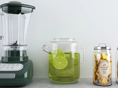 Green Blender With Glass Teapot Fresh Lime Slices And Dried Lemon 3d model